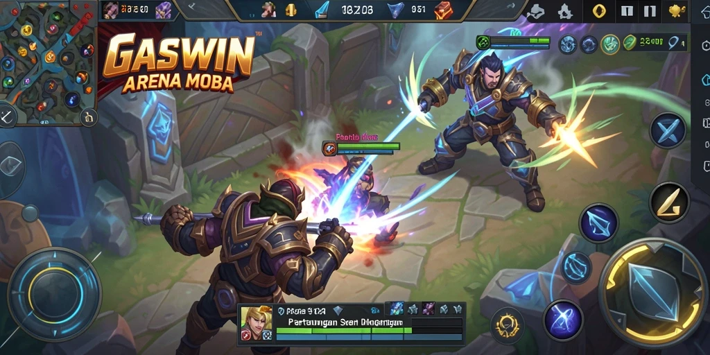 Tampilan seru gameplay <strong>GASWIN</strong> dalam pertarungan MOBA.
